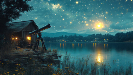 Wall Mural - a telescope is set up on a hill overlooking a lake. the sky is dark and the stars are shining bright