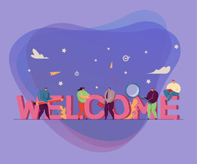 Poster - Team of people welcoming new member. Happy office workers with huge word flat vector illustration. Welcome, teamwork, celebration concept for banner, website design or landing web page