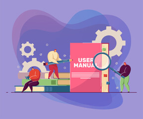 Poster - tiny people reading user manual. woman and man with magnifier and pencil using guidebook or instruct