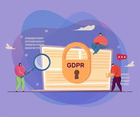 Poster - Tiny people examining laptop. General data protection regulation flat vector illustration. GDPR, privacy, protection of personal information concept for banner, website design or landing web page