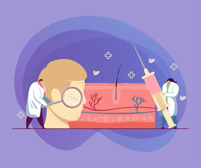 Poster - tiny dermatologists examining facial skin. doctors treating inflammation, huge face flat vector illu