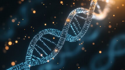 Poster - A dynamic visualization of a DNA double helix, illuminated with glowing elements, symbolizing genetic structure and scientific exploration.