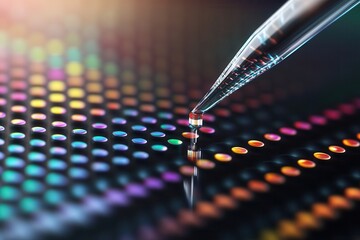 Poster - A close-up view of a dropper releasing a droplet onto a colorful, dot-patterned surface, showcasing vibrant colors and precision.