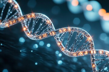 Poster - A close-up view of a DNA strand illuminated with sparkling lights against a blurred blue background, symbolizing genetic science and molecular biology.