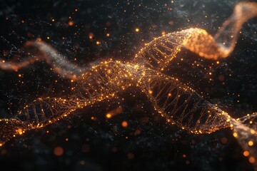 Fototapete - A glowing, abstract representation of a DNA strand, illuminated with golden particles against a dark, cosmic background.