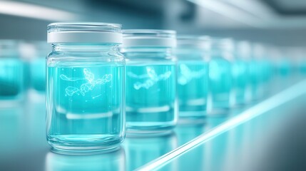 Aufkleber - A row of glass jars filled with vibrant blue liquid, illuminated under soft lighting, creating a modern and clean laboratory aesthetic.