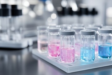 Poster - Colorful vials with liquids are arranged on a lab tray, highlighting a scientific setting filled with experimentation and research.