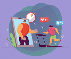 Poster - tiny woman exercising on treadmill. phone with fitness app, female character training, heart pulse, 