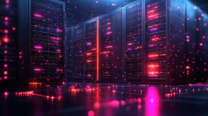 Sticker - A futuristic data center filled with glowing servers and vibrant lights.