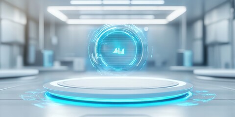 Aufkleber - A futuristic display with a holographic interface hovering above a circular platform in a modern, well-lit environment.