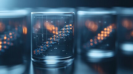 Aufkleber - A futuristic image depicting glass containers with glowing data patterns, suggesting themes of technology and molecular structures.