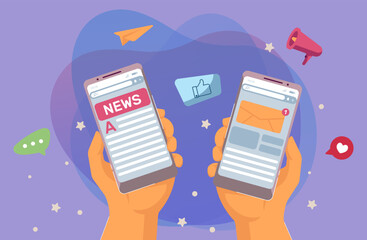 Poster - Web news and online communication. Flat vector illustration. Two hands holding smartphones with notifications and online newspaper on screen. Social media, journalism, internet concept for design