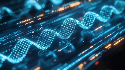 Poster - A digital visualization of data represented as a wave, featuring glowing blue dots and lines against a dark background, embodying technology and innovation.