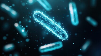 Poster - A glowing blue bacterium floating in a dark background, representing microscopic life and the intricate world of microorganisms.