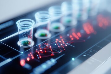 Poster - A futuristic laboratory scene featuring transparent containers on a digital interface with glowing data visualizations representing scientific analysis.
