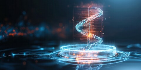 Poster - A futuristic digital representation of a DNA helix, glowing with vibrant lights against a dark background, symbolizing innovation and biotechnology.