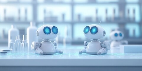 Poster - Two cute robots with blue eyes sit on a lab table surrounded by glassware, creating a futuristic, scientific atmosphere.