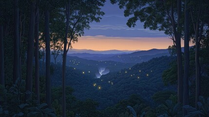 Wall Mural - A serene twilight landscape with mountains, trees, and glowing lights in the valley.