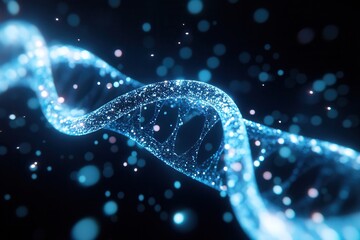 Poster - A glowing, abstract representation of a DNA double helix, showcasing intricate patterns and vibrant colors against a dark background.