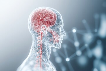 Poster - A digital illustration of a human head in profile, highlighting the brain's neural connections in a vibrant, translucent style against a soft background.