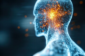 Aufkleber - A digital representation of a human head, featuring glowing neural connections, symbolizing thought and consciousness.