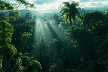 Wall Mural - A dense forest viewed from above with sunlight breaking through the canopy in beams