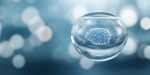 Aufkleber - A microscopic view of a single cell in a clear bubble, surrounded by soft blue bokeh lights, evoking themes of biology and life.