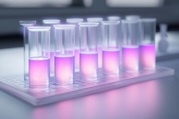 Poster - A set of test tubes with a gradient of purple liquid, placed on a lab tray, reflecting a scientific experiment in a laboratory setting.
