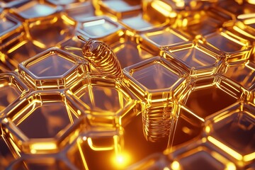 Poster - Close-up of intricate honeycomb patterns glowing with golden sunlight