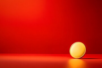 Poster - A single yellow circular object rests on a smooth surface against a vibrant red background.