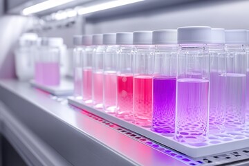 Poster - A row of glass containers filled with vibrant colored liquids, illuminated under artificial lights, showcasing a laboratory setting.