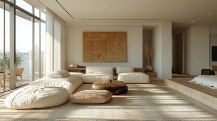 Wall Mural - A modern, minimalistic living room featuring soft furnishings and natural light.