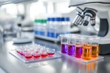 Poster - A laboratory scene showcasing colorful liquids in test tubes beside a microscope, highlighting scientific experimentation and chemical analysis.