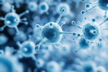 Aufkleber - A close-up view of microscopic cells, showcasing their intricate structures and connections in a vibrant blue hue against a blurred background.