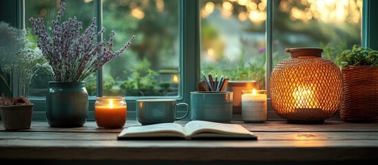 Wall Mural - A cozy reading nook with candles, flowers, and an open book by a window.