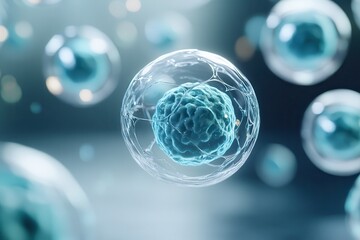 Aufkleber - A close-up view of spherical cells floating in a luminous background, showcasing their intricate structures and vibrant colors.