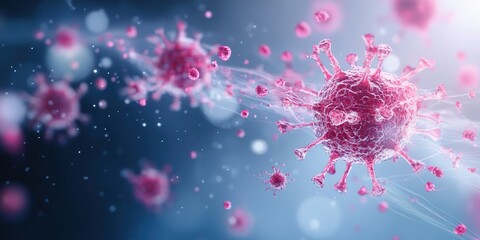 Poster - A vibrant depiction of virus particles in a digital environment, showcasing their structure and interactions against a blurred background.