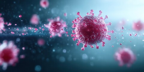 Poster - A digital illustration of vibrant pink viruses floating in a blurred blue background, representing microscopic pathogens and their complex structures.