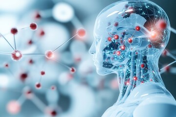 Aufkleber - A futuristic representation of a transparent humanoid figure, integrated with technology and surrounded by molecular structures, symbolizing advanced AI and science.