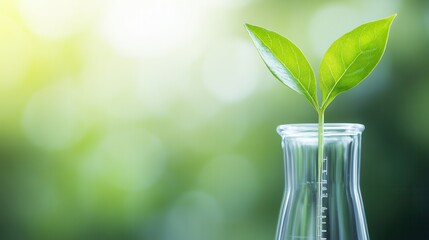 Poster - A vibrant green plant sprouts from a glass container, symbolizing growth and renewal against a soft, blurred natural background.