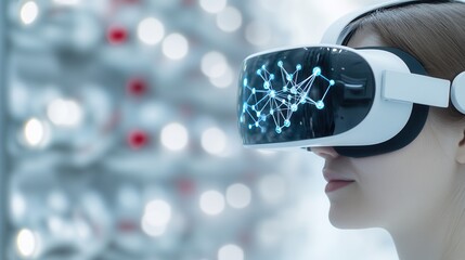 Poster - A woman is immersed in virtual reality, wearing a sleek VR headset, surrounded by a futuristic environment filled with glowing connections.