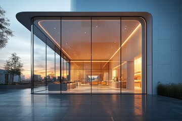 Wall Mural - Modern glass facade showcasing a sleek, illuminated interior at sunset.