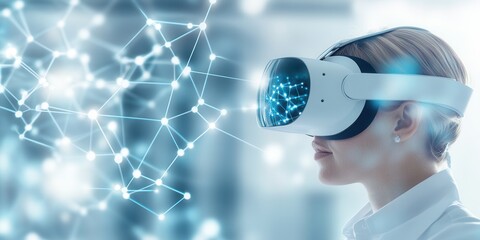 Poster - A person wearing a VR headset, immersed in a digital environment with glowing connections, representing technology and innovation.