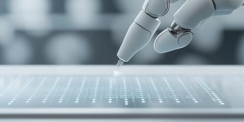 Poster - A robotic hand delicately interacts with a transparent screen displaying digital data or information.