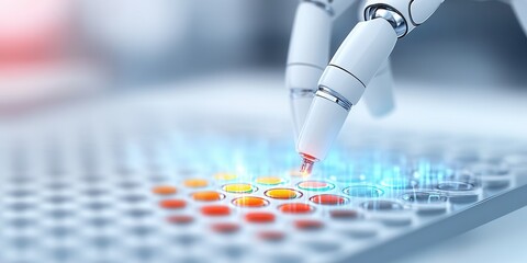 Poster - A robotic hand interacts with a colorful microplate, showcasing advanced technology in scientific research and experimentation.