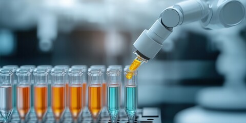 Poster - A robotic arm dispenses liquid into test tubes, showcasing automation in a laboratory setting with a focus on precision and modern technology.