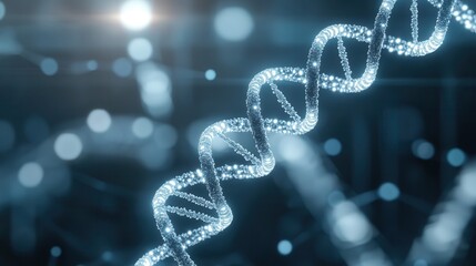 Poster - A close-up view of a DNA strand illuminated in a futuristic digital environment, highlighting its structure and complexity.
