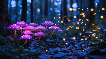 Canvas Print - A mystical forest scene with glowing mushrooms and fireflies creating an enchanting atmosphere.