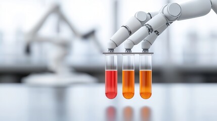 Aufkleber - A robotic arm holds three test tubes filled with colorful liquids, showcasing the intersection of technology and science in a laboratory setting.