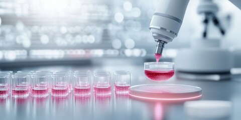 Poster - A laboratory scene featuring a robotic pipette dispensing pink liquid into a petri dish, highlighting advanced scientific research and technology.